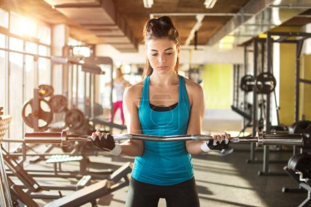 Young fit woman working out with curl bar in gym