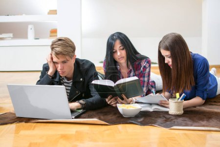 Photo for Three students preparing for exam at home - Royalty Free Image