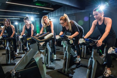 Photo for Group of five young women in sportswear riding exercise bikes together on cycling class at gym. - Royalty Free Image