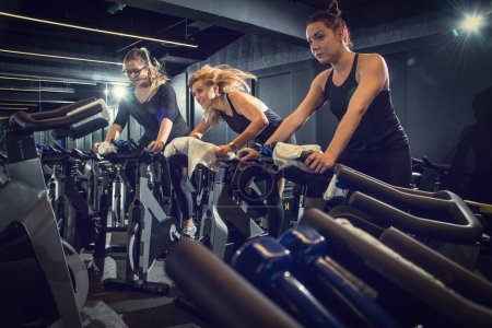 Photo for Three sporty girls riding exercise bikes together on cycling training at gym. - Royalty Free Image