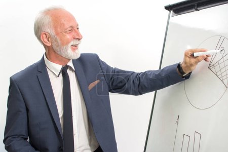 Photo for Portrait of senior businessman giving a flipchart presentation to his business colleagues in boardroom. - Royalty Free Image