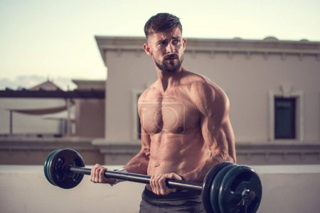 Photo for Shirtless muscular man doing exercises with barbell outdoors. - Royalty Free Image