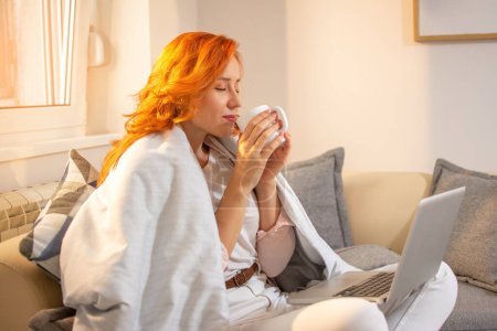 Téléchargez les photos : Jeune femme rousse buvant du café recouvert d'une couverture tout en utilisant un ordinateur portable et assis sur le canapé à la maison. - en image libre de droit