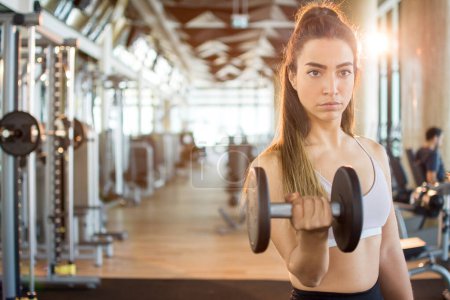 Photo for Portrait of beautiful fitness woman exercising with dumbbell in the gym - Royalty Free Image