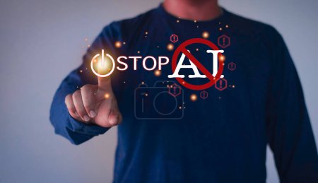 No Ai, Man showing No AI symbol. Demand to stop the development of artificial intelligence. Banning Artificial Intelligence. Stop developing A