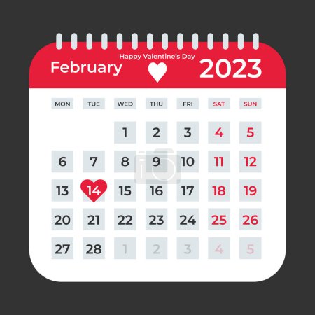 Téléchargez les illustrations : Red Heart Shape Valentines Day Calendar Design on February 14, 2023 - en licence libre de droit