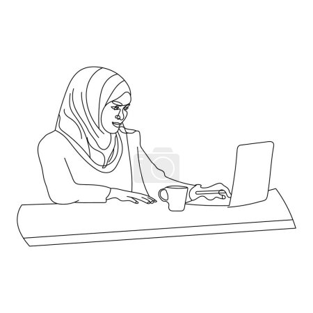 Téléchargez les illustrations : Woman wearing hijab working on computer at office desk line drawing vector illustration - en licence libre de droit