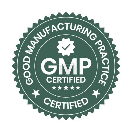 Ilustración de GMP Certificado o Buenas Prácticas de Fabricación Certificado Insignia, Sello, Icono, Sello, Etiqueta, Etiqueta, Emblema para CBD Label Oil and Packaging Design Vector Illustration - Imagen libre de derechos