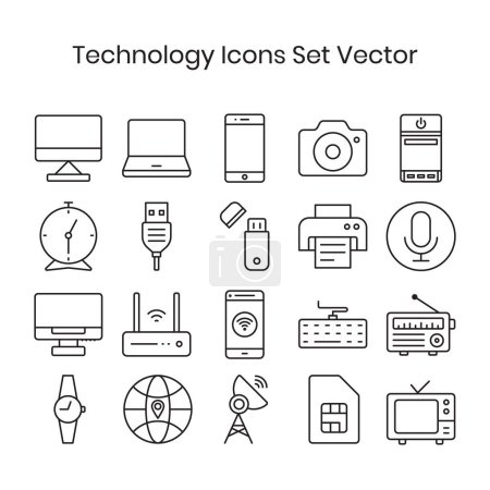 Elektronik und Technologie Icons Set Vector Outline Schwarz-Weiß Isolated Set Icons, Telekommunikation Icons, Multimedia Icons, Internet Vector Illustration