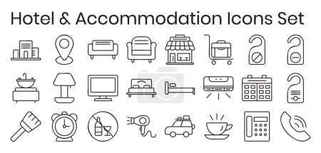 Ilustración de Hotel Icon Set Vector Outline Blanco y Negro, Iconos de alojamiento Set Line Style - Imagen libre de derechos