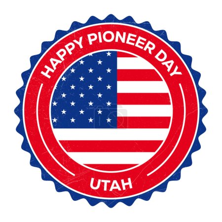 Illustration for Happy Pioneer Day Badge, Emblem, Seal, Stamp, Rubber, T shirt, Sticker, Label Design With USA National Flag and Grunge Texture, Retro Vintage Style Vector Illustration - Royalty Free Image