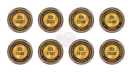 Illustration for Iso certified badge, iso certified stamp, iso certified emblem, iso certified logo, glossy badges vector set, shiny logo, 3d realistic badge logo vector illustration - Royalty Free Image