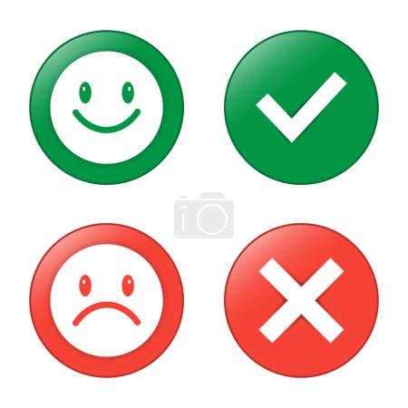 Illustration for Glossy Happy And Sad Faces, True And False Check Mark, Tick And Cross, Yes And No Check Marks On Circle, Green And Red Color For Good Mood And Bad Mood Emoticon Vector Illustration - Royalty Free Image