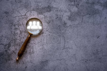 Photo for Human resources team leader recruitment concept, magnifying glass with background and icon, employment agency, management , business strategy, recruiting new employee. - Royalty Free Image