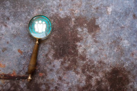 Photo for Human resources team leader recruitment concept, magnifying glass with background and icon, employment agency, management , business strategy, recruiting new employee. - Royalty Free Image