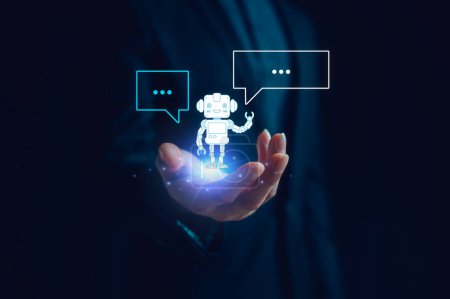 Digital transformation technology, Chatbot Chat AI, Artificial Intelligence. man using technology smart robot AI by enter command prompt for generates something, Futuristic technology transformation