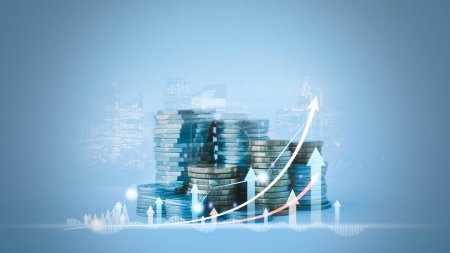 financial concepts and financial investment business stock growth stack of silver and gold coins with trading chart arrow up interest increasing and blurred city building real estate background