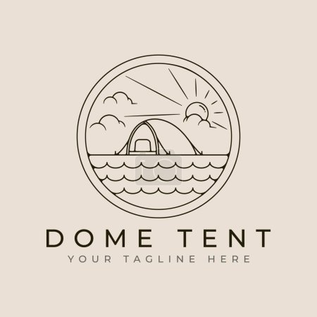 dome tent outdoor line art logo design with sun burst and cloud minimalist style logo vector illustration design