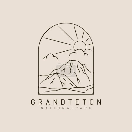 grand teton mountain national park line art logo design with sun burst and cloud minimalist style logo vector illustration design