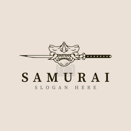 máscara samurai y katana espada línea arte logotipo vector ilustración plantilla diseño
