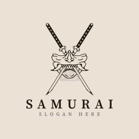 Katana and samurai mask line art logo vector illustration template design