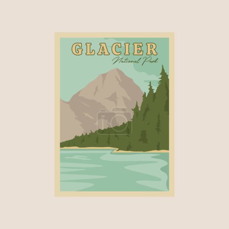 Ilustración de Glaciar parque nacional vintage cartel vector ilustración diseño, paisaje vista montaña y río viaje vintage cartel diseño - Imagen libre de derechos