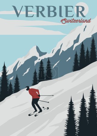 Téléchargez les illustrations : Ski de voyage en poster verbier vintage vectoriel illustration design. parc national en Suisse affiche vintage - en licence libre de droit