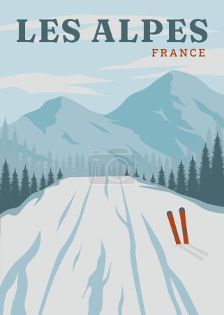 viajes esquí en les alpes cartel vintage vector ilustración diseño. Parque Nacional en Francia cartel de la vendimia