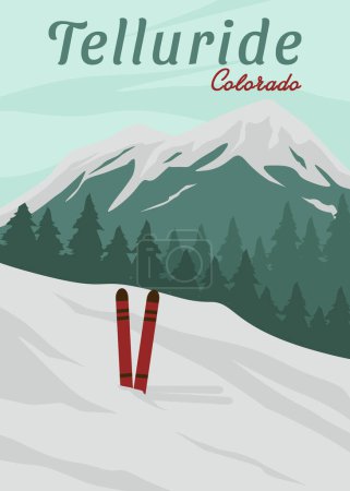 Téléchargez les illustrations : Ski de voyage en affiche telluride vintage vectoriel illustration design. parc national en colorado affiche vintage - en licence libre de droit
