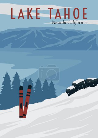 travel ski in lake tahoe poster vintage vector illustration design. national park in nevada california vintage poster