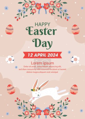 Beauty cartoon happy easter card with flowers, eggs, rabbit vector element 