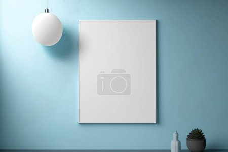 Photo for Hanging poster frame mockup on blue wall background with lamp - Royalty Free Image