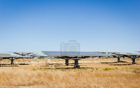 Foto de Paneles solares rotatorios en el campo de hierba marrón seca en el día soleado. Recursos sostenibles, renovables, conceptos de energía limpia - Imagen libre de derechos