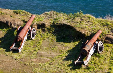 Téléchargez les photos : Deux canons pointant vers la mer à Fort Niebla, au sud du Chili. Guerre, concepts de bataille - en image libre de droit