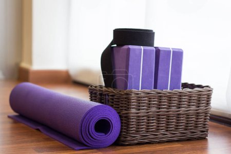 Photo for Yoga supplies. belt, blocks and mat - Royalty Free Image