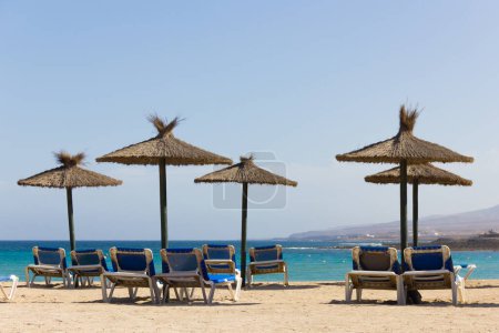 Photo for Wicker sun umbrellas with blue hammocks on empty beach in Fuerteventura. Nobody on sunny day in Caleta de Fuste, Canary Islands. Summer holidays, tourism crisis concepts - Royalty Free Image