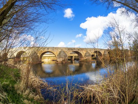 Téléchargez les photos : Un pont romain sur une rivière avec quelques arbres - en image libre de droit