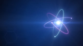 Unstable Atom nucleus with electrons spinning around it technology background Poster #647539826
