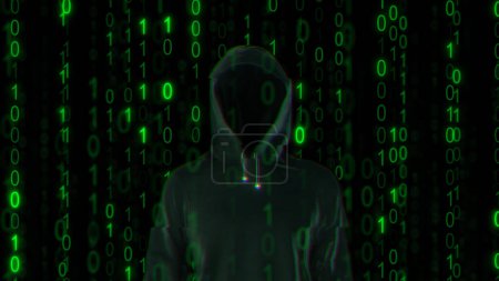 Computer network hacker with binary code