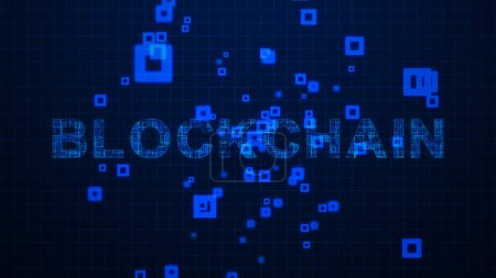 Téléchargez les photos : Blockchain Textes Lignes de circuit Animation sur fond de grille - en image libre de droit