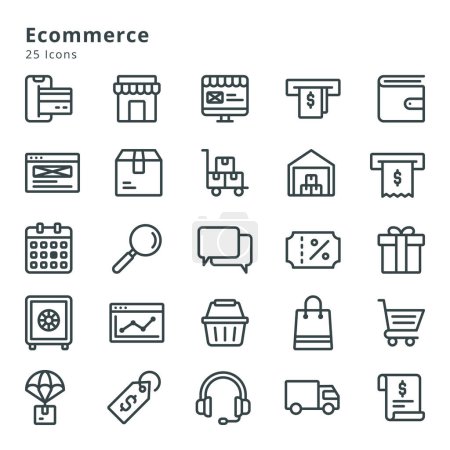 Ilustración de 25 iconos sobre comercio electrónico, compras y temas relacionados - Imagen libre de derechos