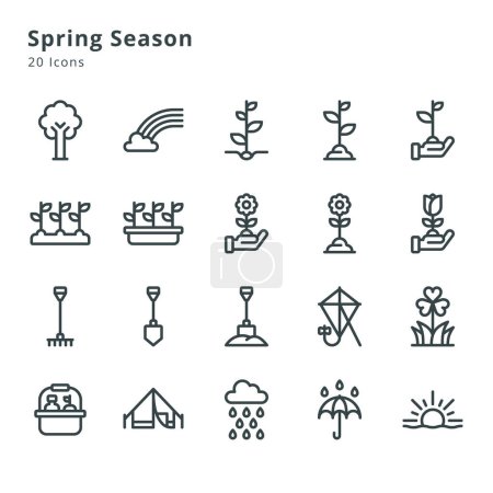 Ilustración de 20 iconos sobre la temporada de primavera y temas relacionados - Imagen libre de derechos