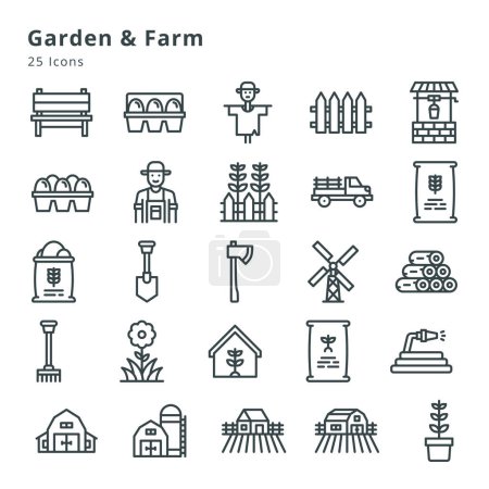 Ilustración de 25 iconos sobre jardín, granja y temas relacionados - Imagen libre de derechos