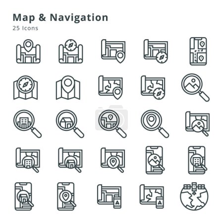 Ilustración de 25 iconos en el mapa, navegación y temas relacionados - Imagen libre de derechos