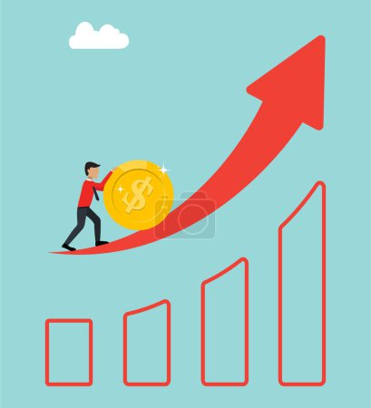 Illustration for Man with dollar coin pulling it with raise arrow and graph, people in business industry vector money tied hard flat cartoon vector - Royalty Free Image