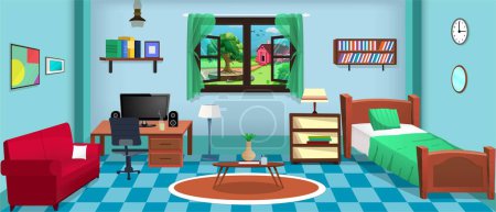 Living Room inside interior with cozy bed, furniture etc, vector illustration cartoon background.