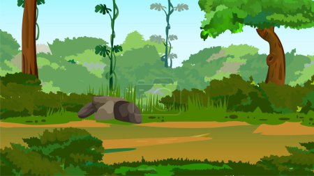 Illustration of a summer deep forest landscape in cartoon style.