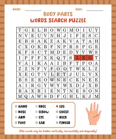 Illustration for Word search game body parts word search puzzle worksheet for learning english. - Royalty Free Image
