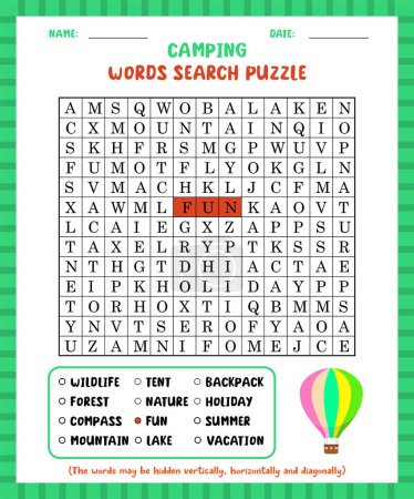 Illustration for Word search game camping word search puzzle worksheet for learning english. - Royalty Free Image