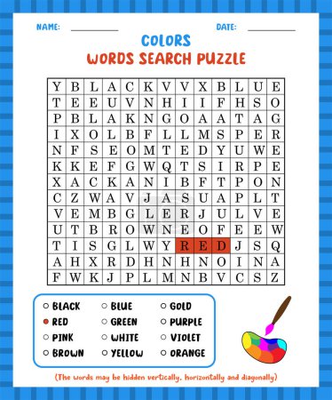 Illustration for Word search game colors word search puzzle worksheet for learning english. - Royalty Free Image